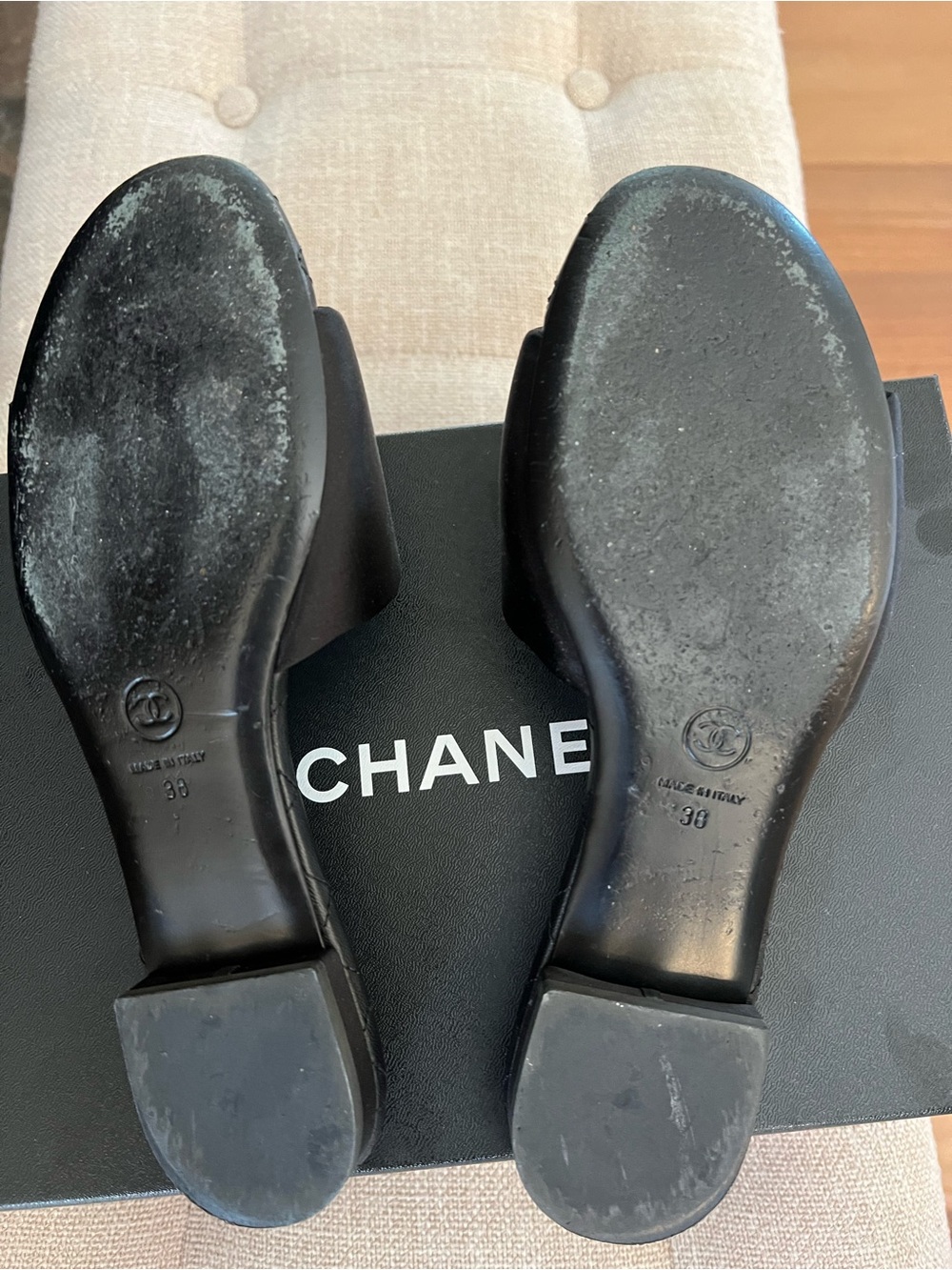 CHANEL - Chanel 22P Black Satin CC Logo Quilted Leather Mule Flat Sandal - Picture 9 of 11